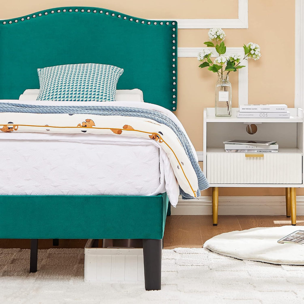VECELO Twin Bed Frame, Platform Bed Frame with Adjustable Height Upholstered Headboard, Heavy-Duty Frames and Strong Wooden Slats Support, Non-Slip and Noise-Free, Easy Assembly, Dark Green