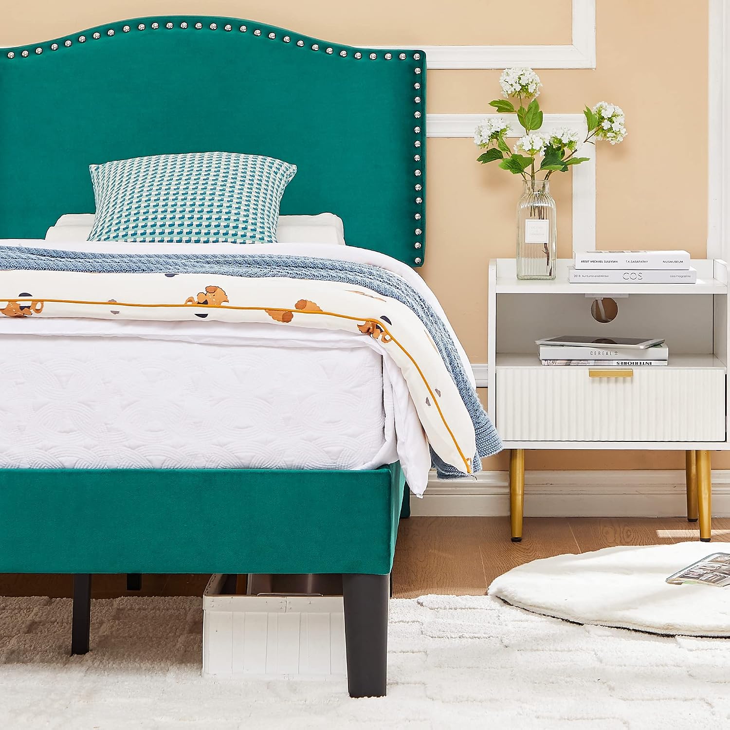 VECELO Twin Bed Frame, Platform Bed Frame with Adjustable Height Upholstered Headboard, Heavy-Duty Frames and Strong Wooden Slats Support, Non-Slip and Noise-Free, Easy Assembly, Dark Green
