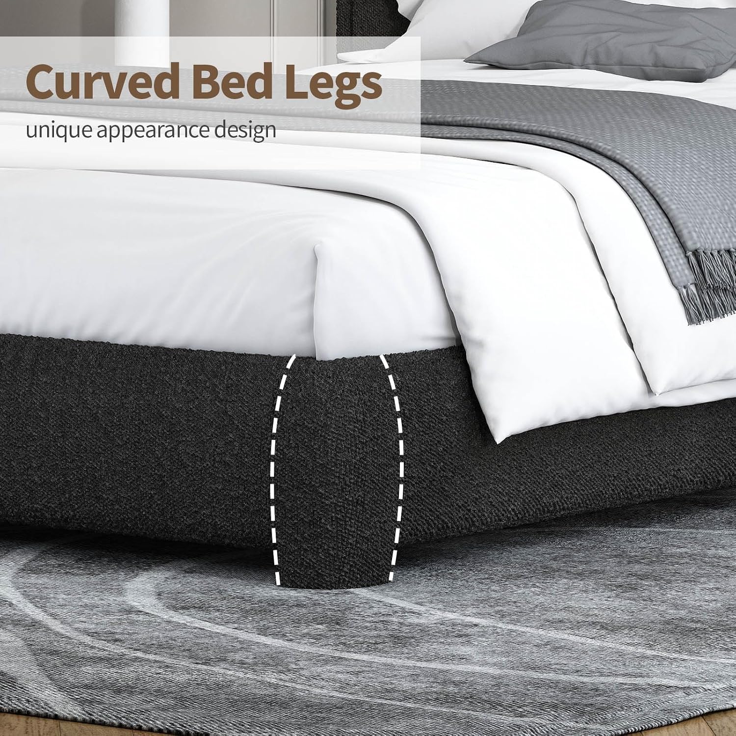 BarnFurin Full Size Bed Frame with Headboard, Boucle Upholstered Platform Bed Frame, Soft Rounded Corners, No Box Spring Required, Easy Assembly, Black