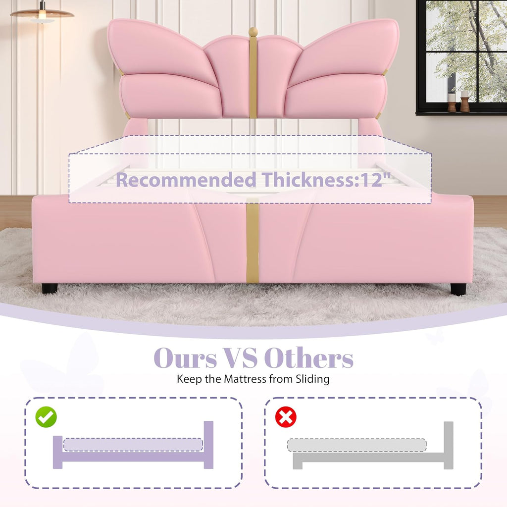 Merax PU Leather Upholstered Platform Bed with Butterfly Shaped Headboard and Footboard, Queen Size Bed Frame for Bedroom, Solid Wood Slats Support, No Box Spring Needed, Easy Assembly, Light Pink