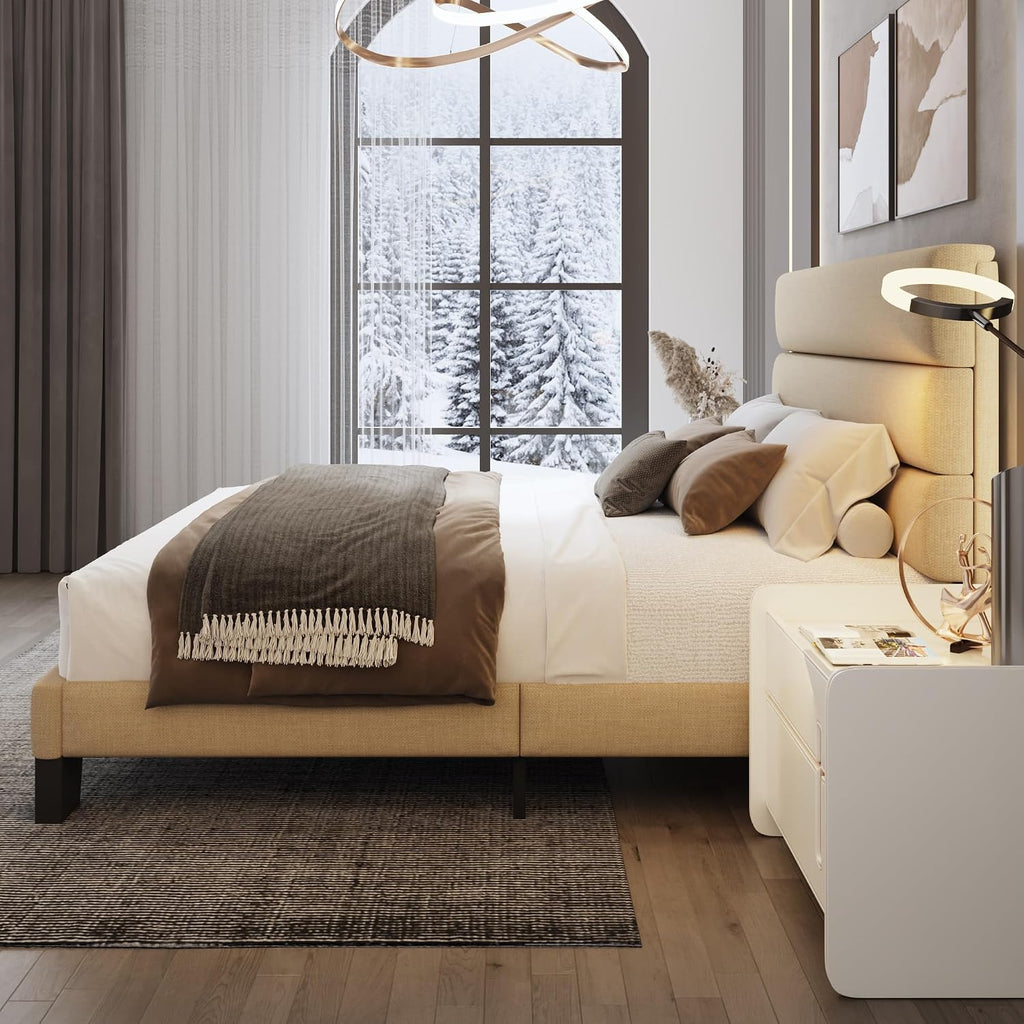 WEEWAY Full Size Bed Frame Platform Bed with Linen Fabric Upholstered Headboard and Wooden Slats Support, Heavy Duty Mattress Foundation, No Box Spring Needed, Easy Assembly, Beige