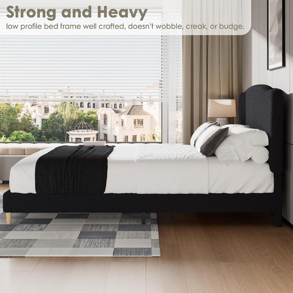 GarveeHome Queen Size Bed Frame with Upholstered Headboard, Soft Low Profile Sturdy Platform Bed with Rounded Corners Design, Heavy Duty, Wooden Slats, Noise Free, No Box Spring Needed, Black