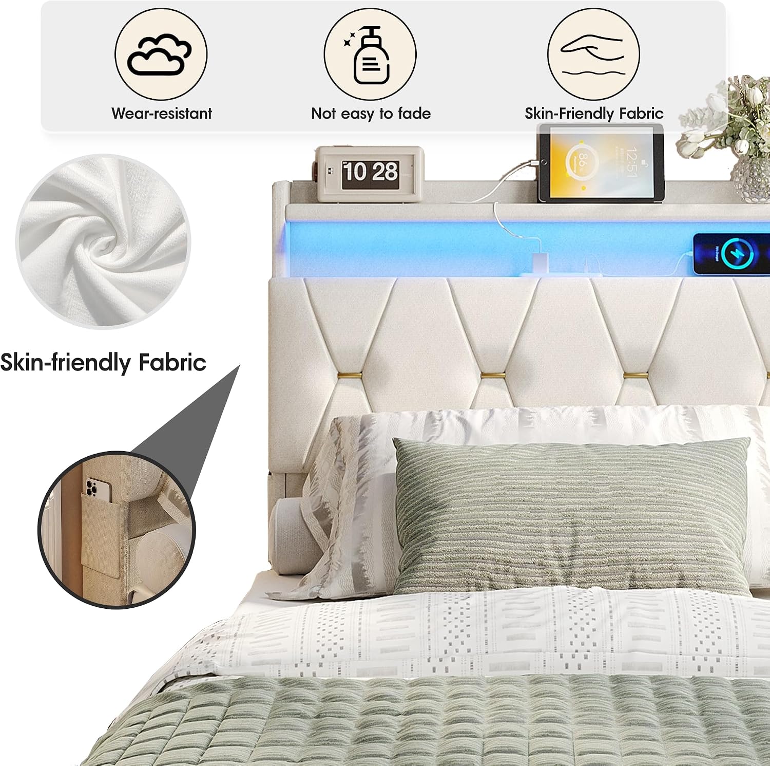 Fameill Twin Size Lift Up Storage Bed Frame, Storage Headboard with Charging Station, LED Lights Upholstered Platform Bed, No Box Spring Needed, Noise-Free, Beige White