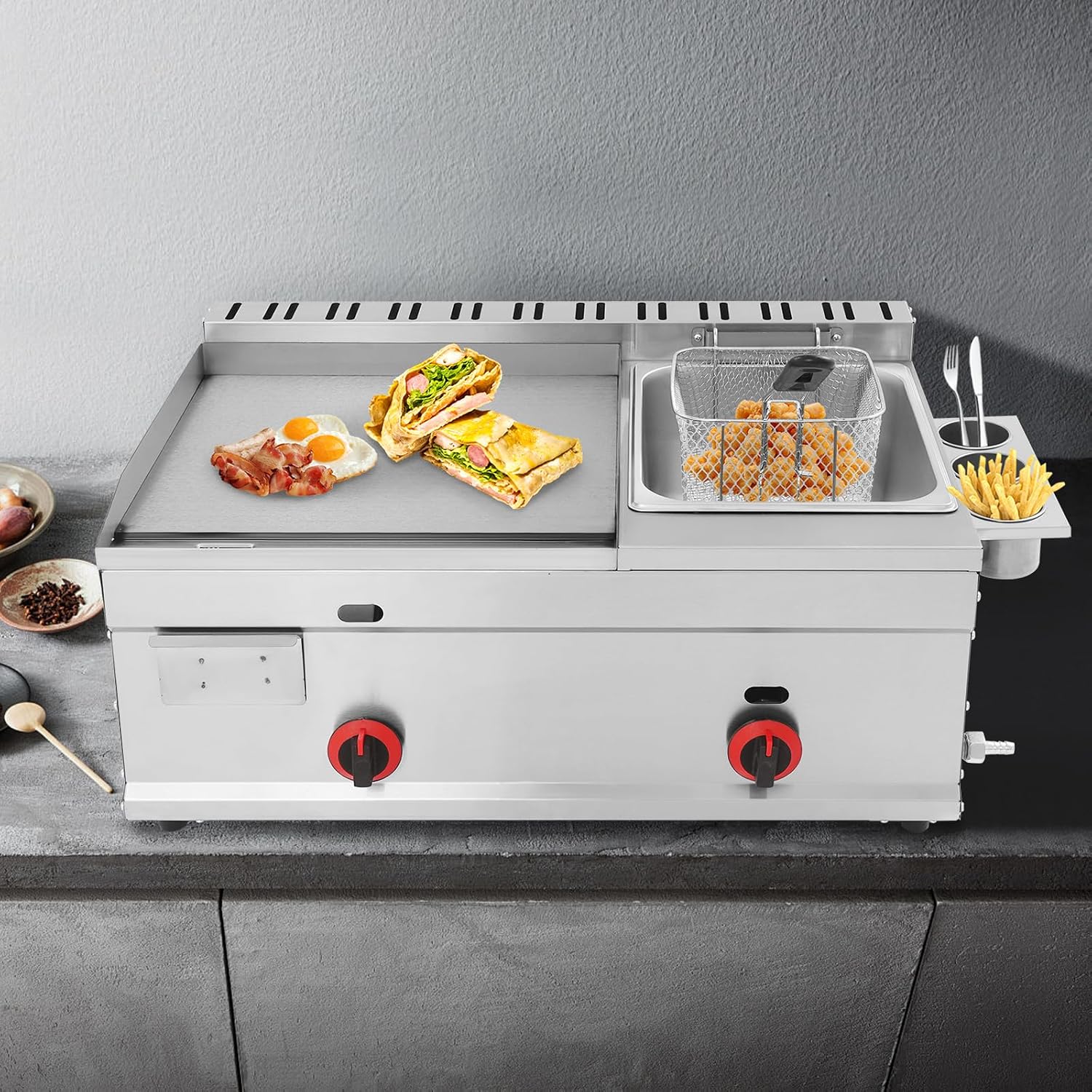 6L Table Top Commercial Gas Deep Fryer, 2 in 1 Deep Frying Machine with Flat Top Grill Griddle, Stainless Steel Countertop Fryer with Teppanyaki Grill, Single Frying Machine for Kitchen