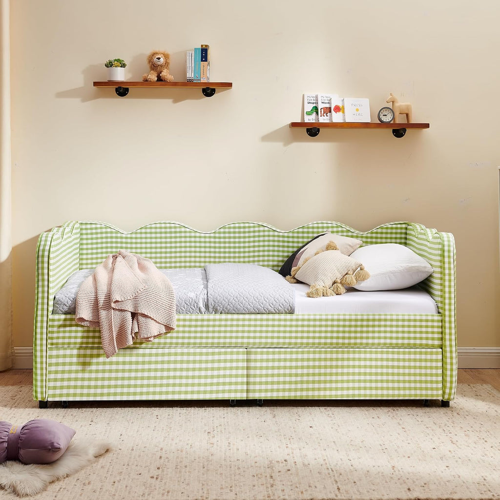 DEINPPA Twin Size Upholstered Daybed with 2 Storage Drawers, Gingham Daybed with USB Ports for Bedroom Living Room Guest Room-Green