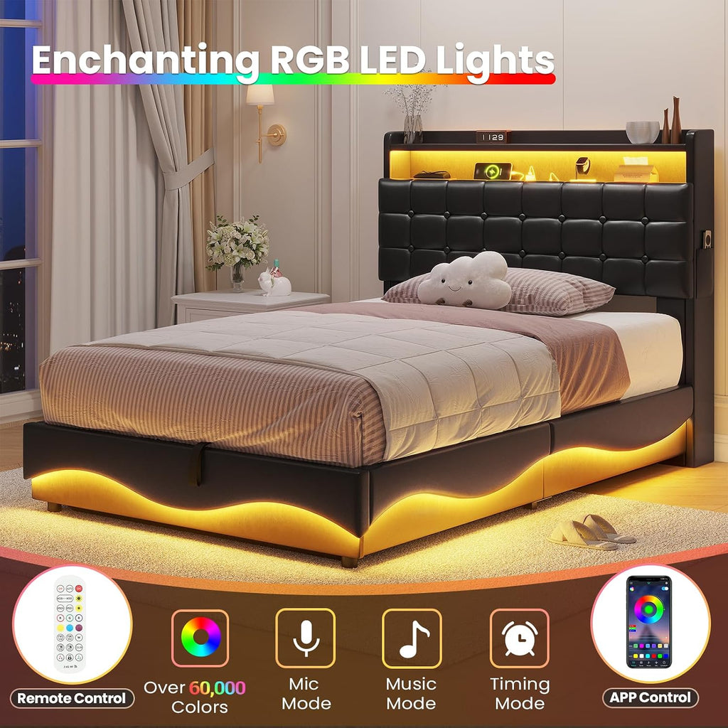 ADORNEVE Lift Up Storage Twin Bed Frame with Type-C Charging Station& Hidden Storage Headboard, LED Lights Upholstered Platform Bed, Twin Bed with Hydraulic, No Box Spring Needed,Black