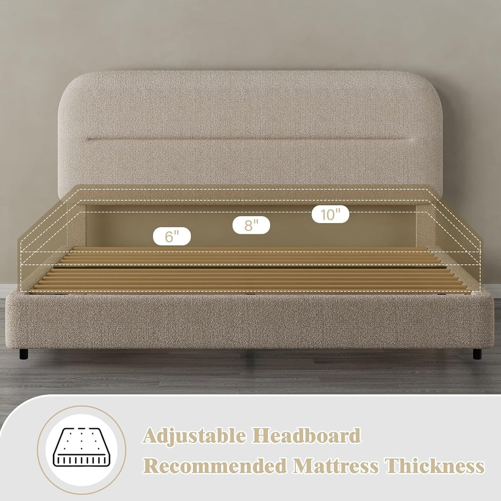 HOMBCK King Size Boucle Bed Frame, Upholstered Cloud Bed Frame with Headboard, Soft Platform Bed Frame with Thickened Footboard, Rounded Corners, No Box Spring Required, Easy Assembly, Beige