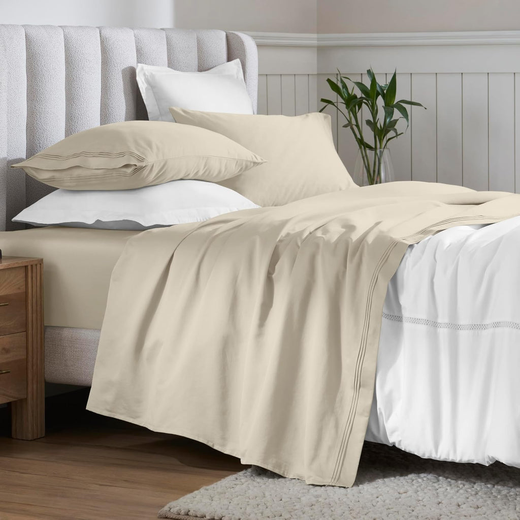 Superior Egyptian Cotton 4 Piece Sheet Set, 650 Thread Count, Modern Design, Sustainable Sheets, Ultra-Soft Basics, Solid, Deep Pocket Fitted Sheet, Flat Sheet, Pillowcases, King, Ivory