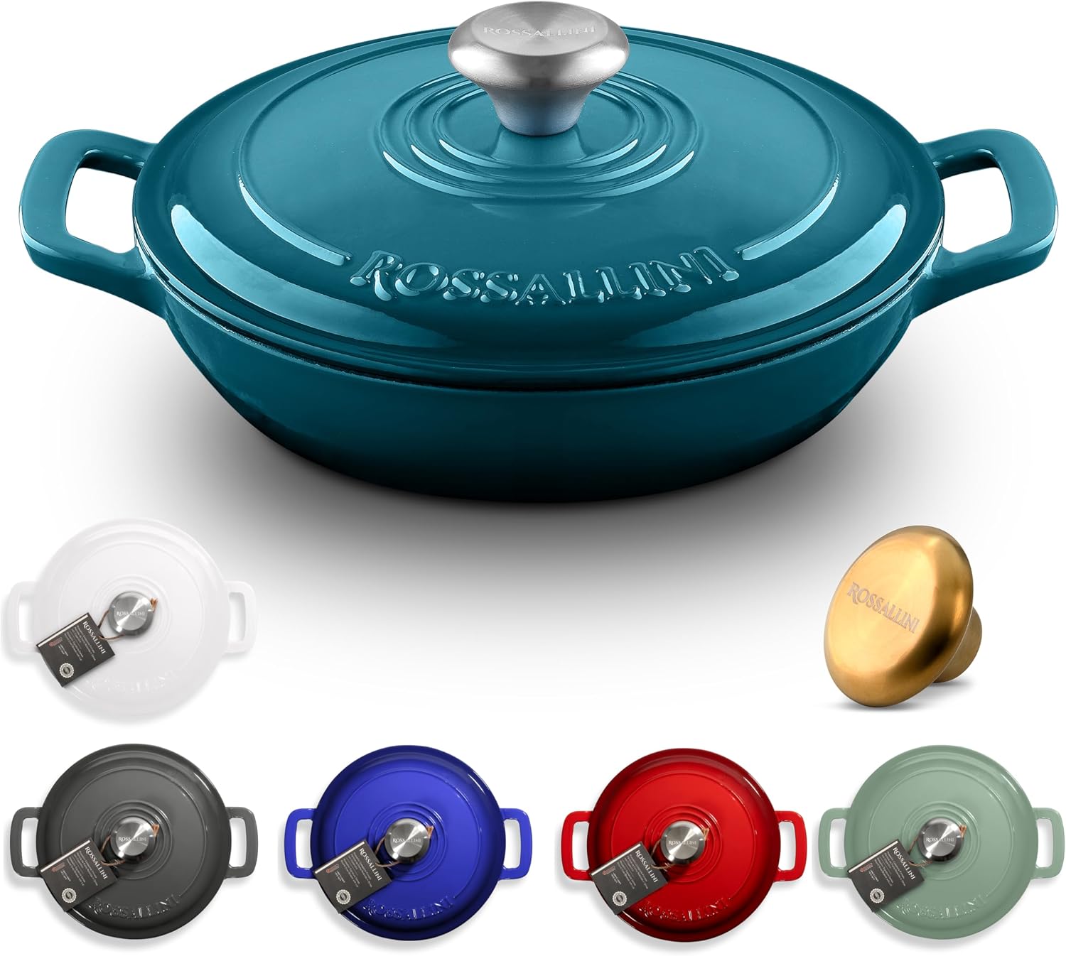 ROSSALLINI Signature Enameled Cast Iron Braiser, Non-Stick Serving Pot with Tight Fitting Lid for Perfect Roasting, Baking, Sauteing, Searing, and Pan Frying | 5Q (4.7L) - Ocean Blue