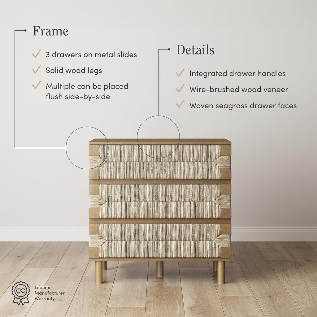 Nathan James Beacon 3 Drawer, Light Brown Boho, Bohemian Woven Seagrass Storage Cabinet for Living Room, Set of 2