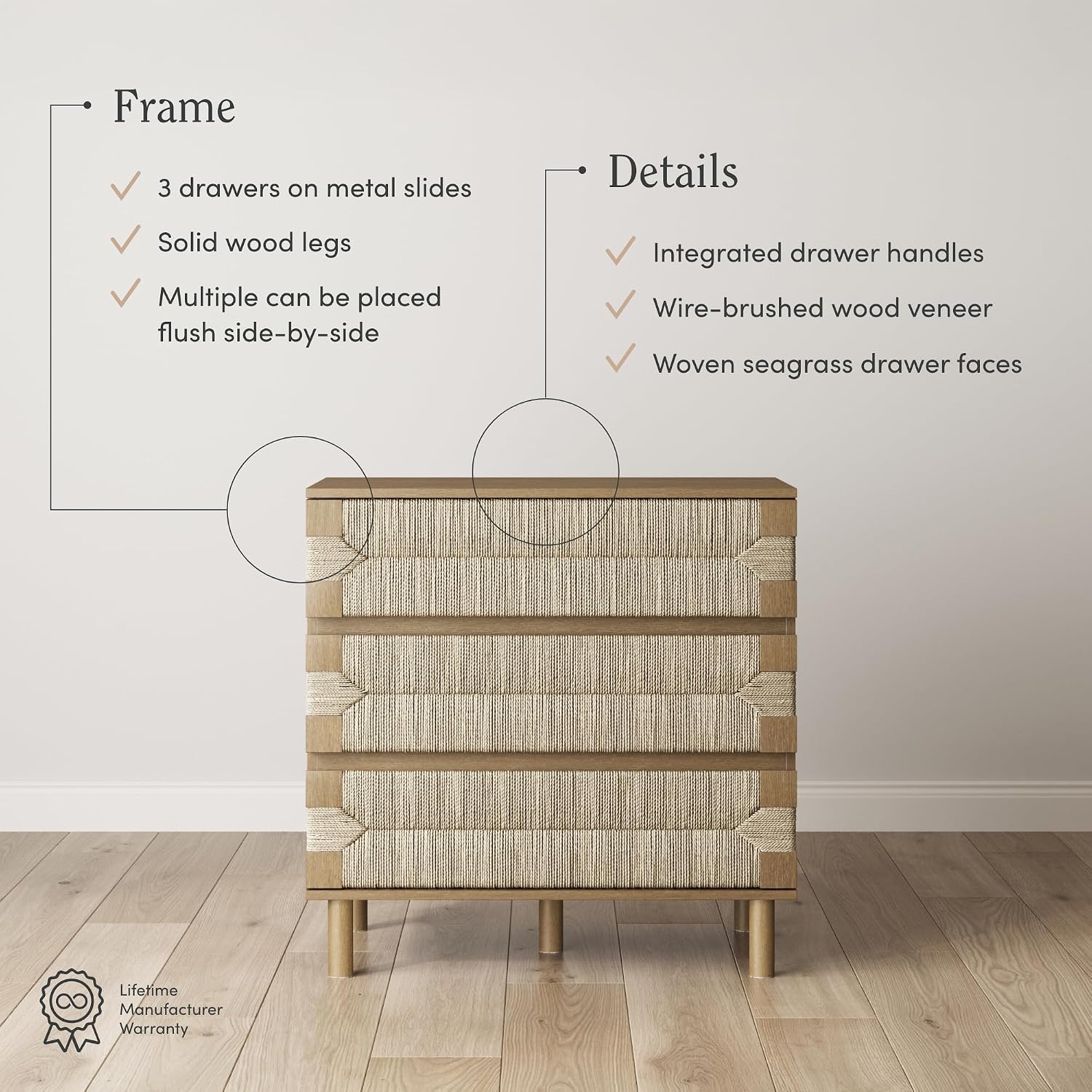Nathan James Beacon 3 Drawer, Light Brown Boho, Bohemian Woven Seagrass Storage Cabinet for Living Room