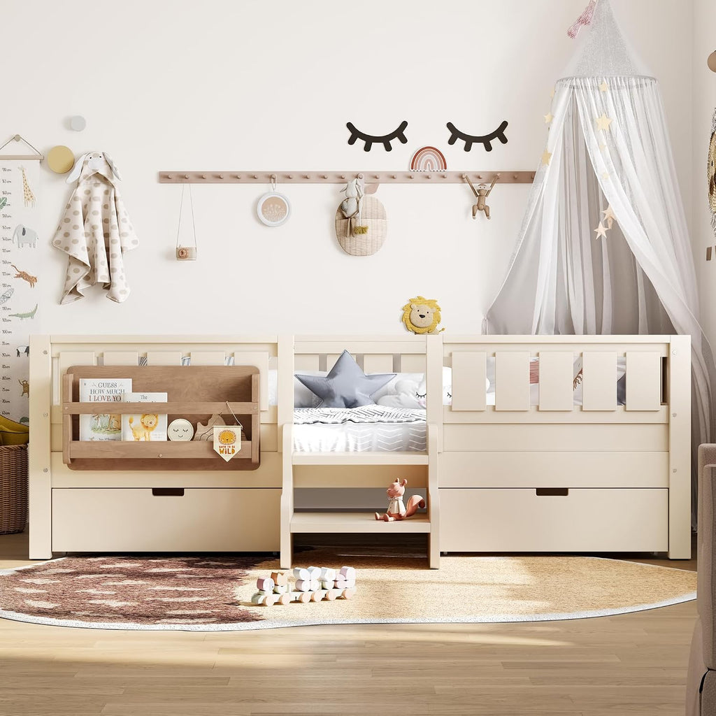Bellemave Twin Montessori Bed with Stairs, Rails and Slats, Twin Size Montessori Floor Bed with Bookshelf and 2 Storage Drawers, Easy Assemble Beds Frame for Girls, Boys, Beige