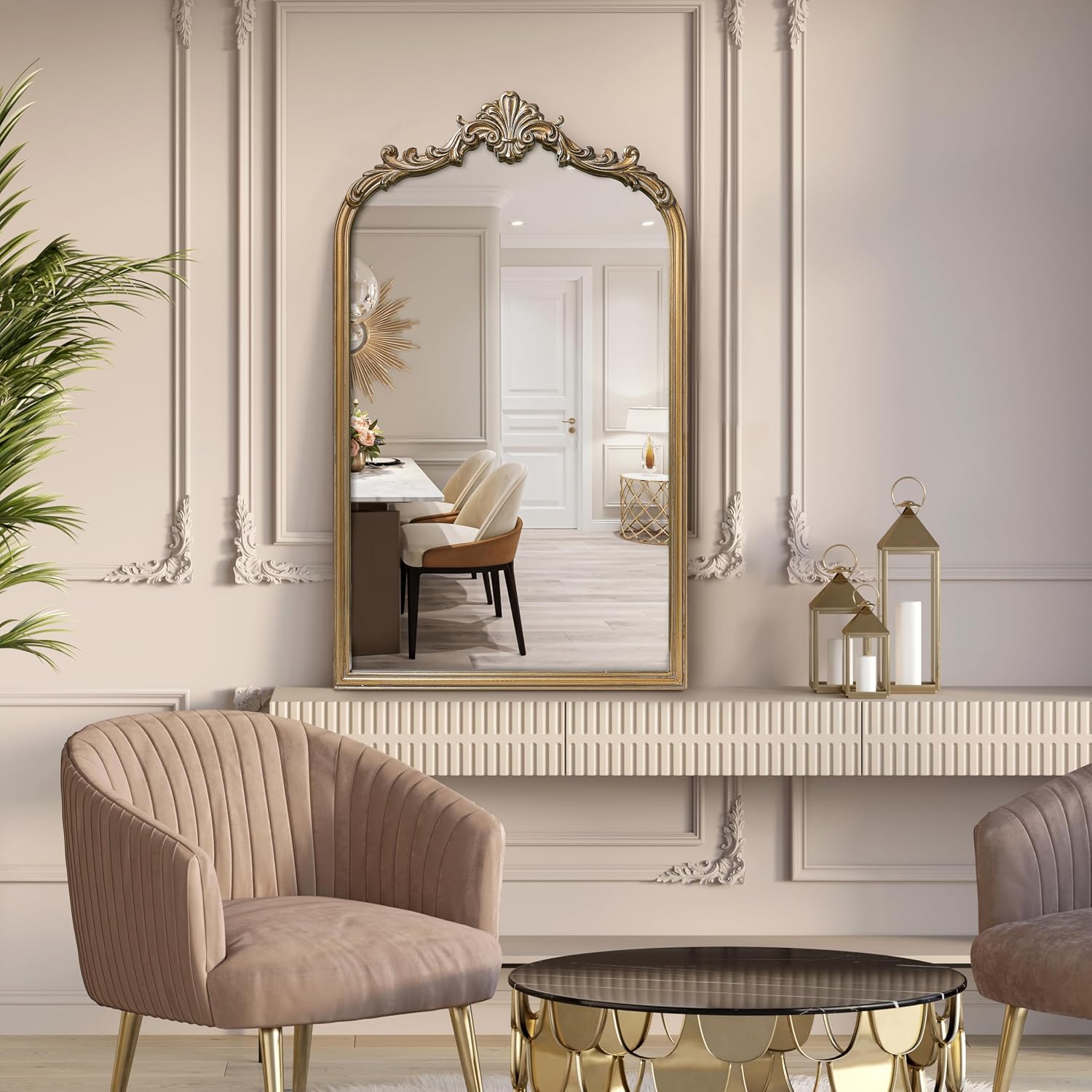 Wylde Iris English Estate Carved Arch Wood Wall Mirror, Mirror for Entryway, Living Room, Bathroom, Antique Gold, 20.4x33