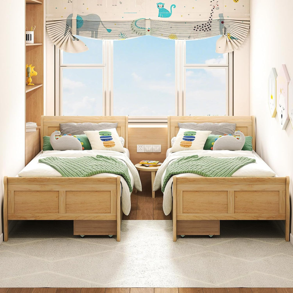 Giantex Twin Bed with 2 Storage Drawers, Wood Platform Bed with Headboard & Footboard, Wooden Slats Support Mattress Foundation, Twin Bed Frames for Kids Teens Adults, No Box Spring Needed (Natural)
