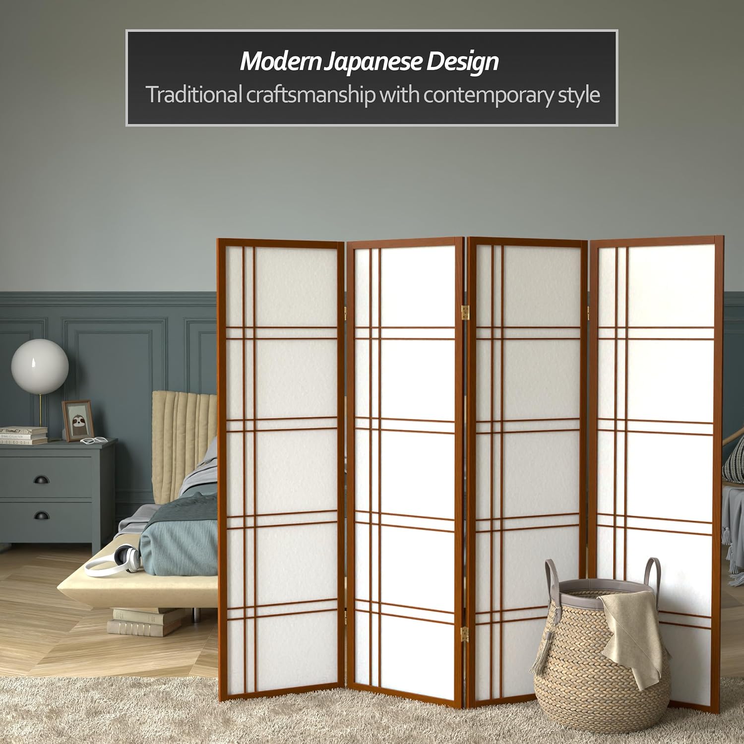 Oriental Furniture 5 ft. Tall Double Cross Shoji Screen - Walnut - 4 Panels