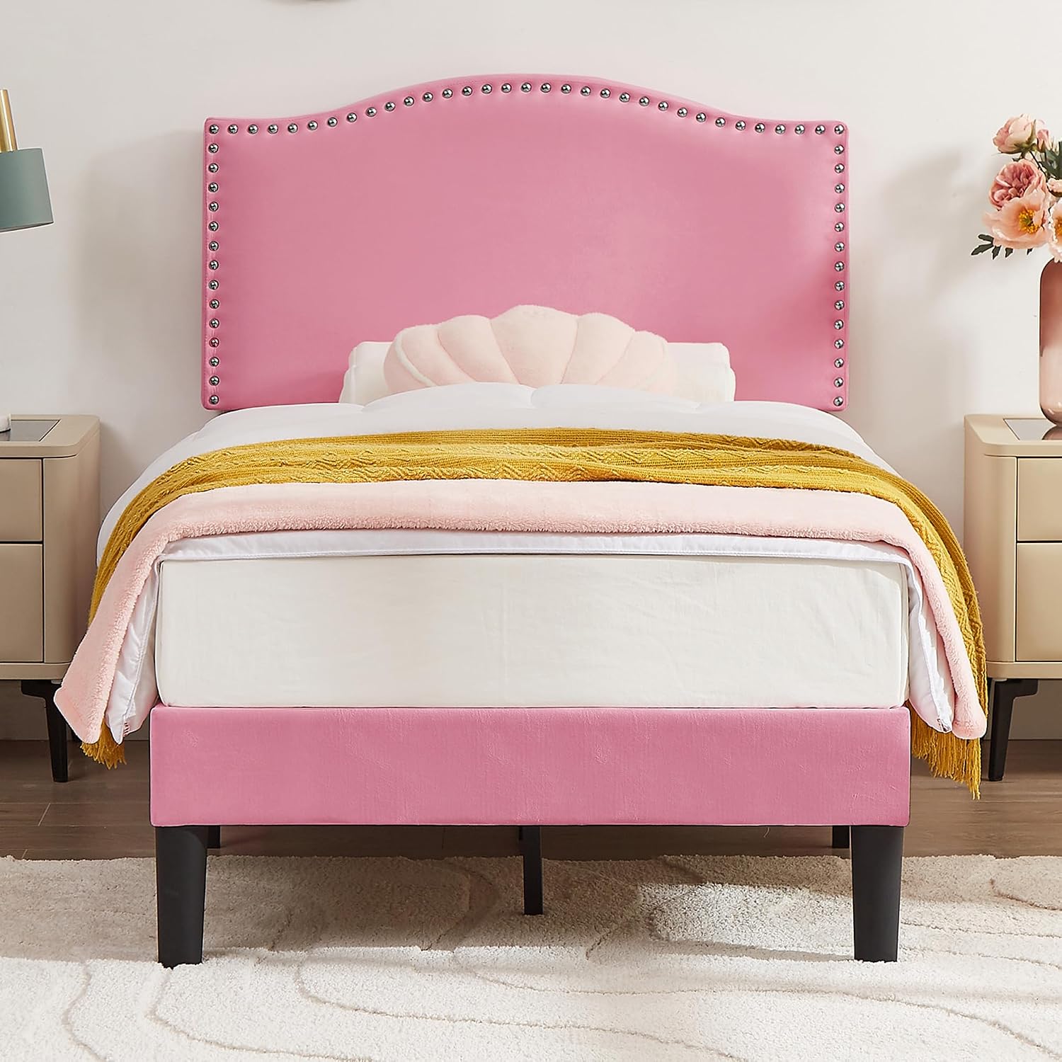 VECELO Twin Bed Frame, Platform Bed Frame with Adjustable Height Upholstered Headboard, Heavy-Duty Frame and Strong Wooden Slats Support, Non-Slip and Noise-Free, Easy Assembly, Pink