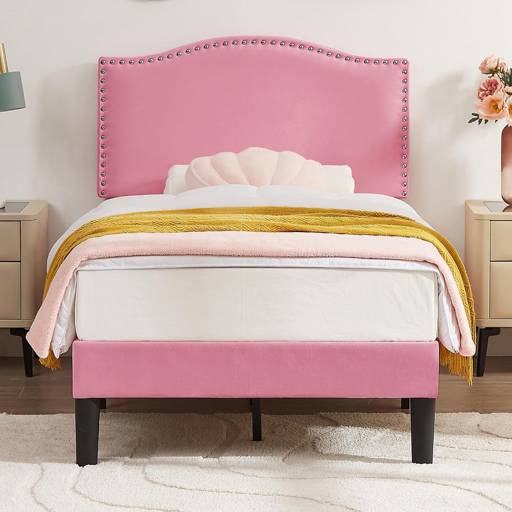 VECELO Twin Bed Frame, Platform Bed Frame with Adjustable Height Upholstered Headboard, Heavy-Duty Frame and Strong Wooden Slats Support, Non-Slip and Noise-Free, Easy Assembly, Pink