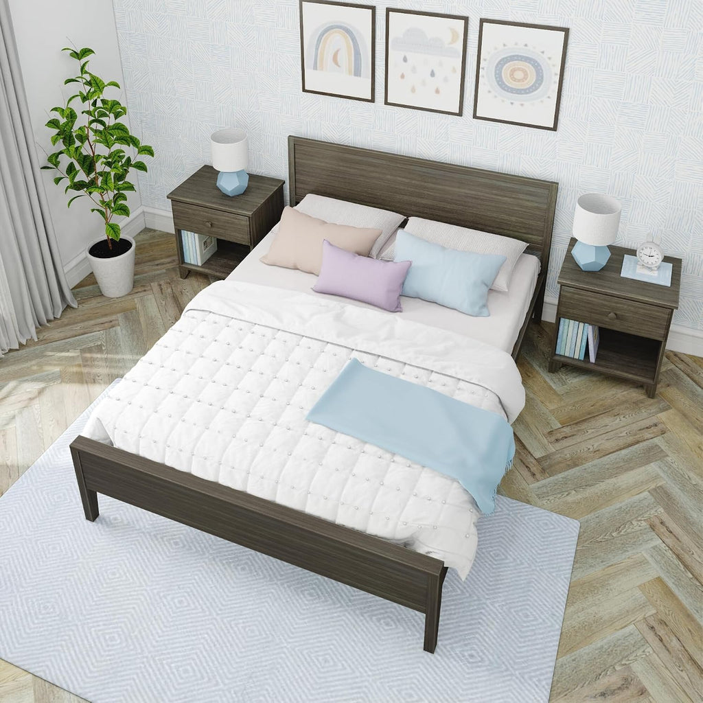 Max & Lily Queen Bed, Solid Wood Queen Bed Frame with Panel Headboard, Kids Queen Bed with Wood Slat Support, No Box Spring Needed, Clay
