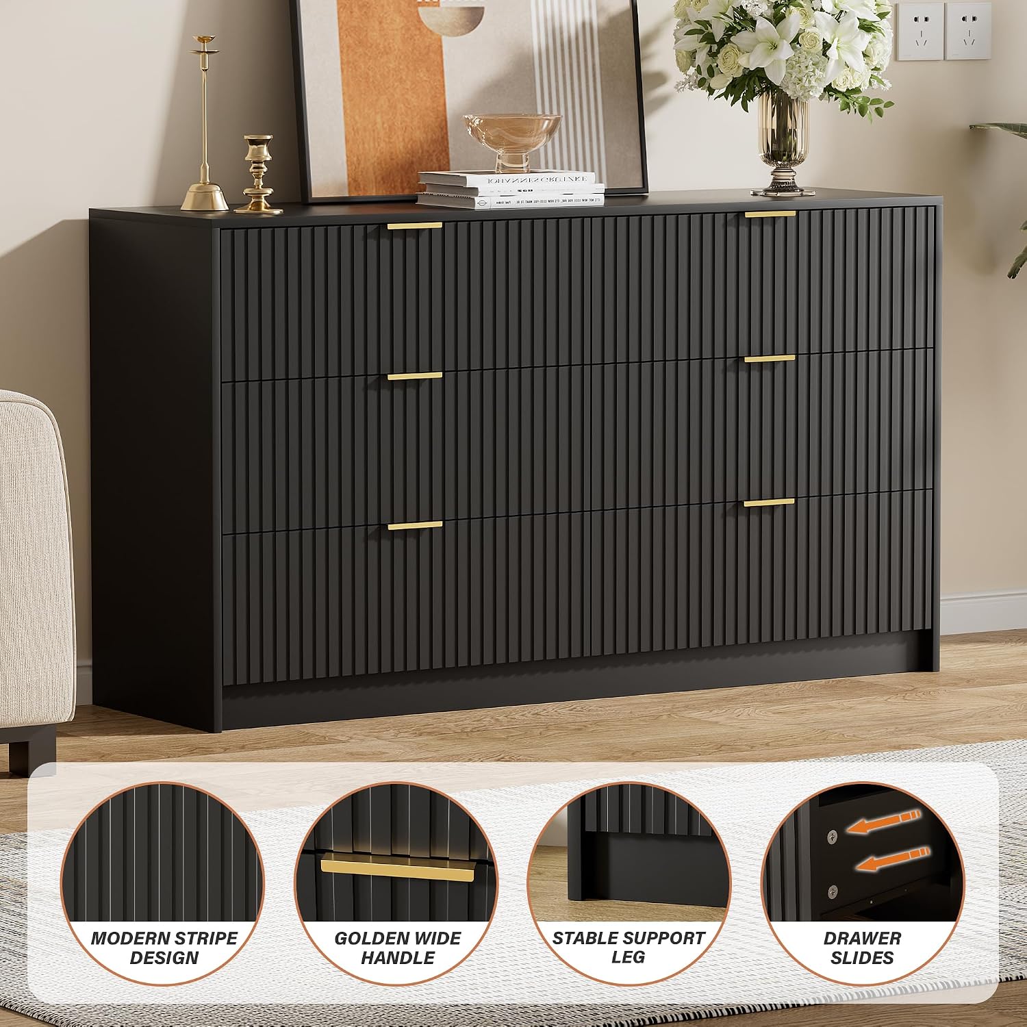 Furniway Black Dresser for Bedroom, Modern Dresser with 6 Drawers and Smooth Slides, Wide Chest of Drawers with Golden Handles for Bedroom, Living Room, Closet, 15.7' D x 55.1' W x 31.4' H