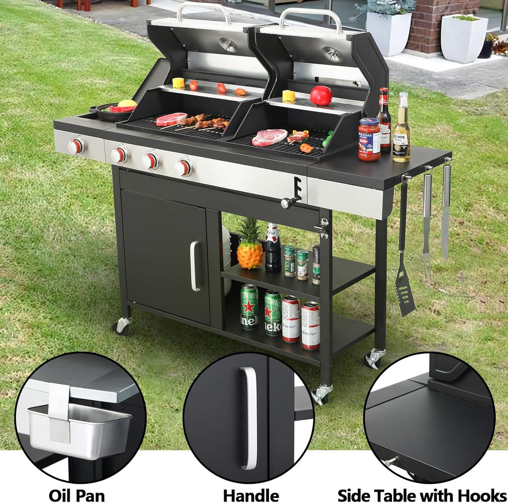 Gas and Charcoal Grill Combo, 3 Burner Gas Grill with Side Burner & Enameled Cast Iron Cooking Grids, 37230 Btu Stainless Steel Burner Barbecue Grills for Patio, Camping, 504 SQIN Cook Area