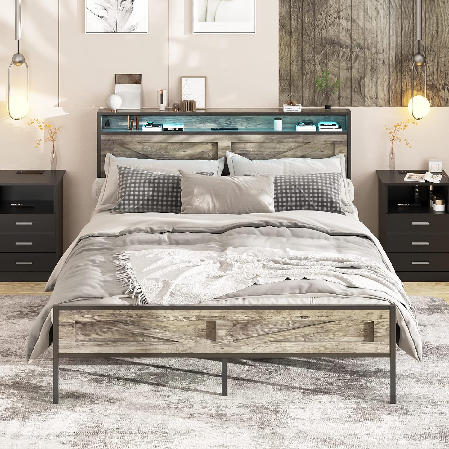 Halitaa LED King Size Bed Frame with Charging Station, Platform Metal Bed with Headboard Storage & USB Ports Outlets, Farmhouse Bed Frame with Lights for Bedroom, Noise Free, Wash Grey (King)