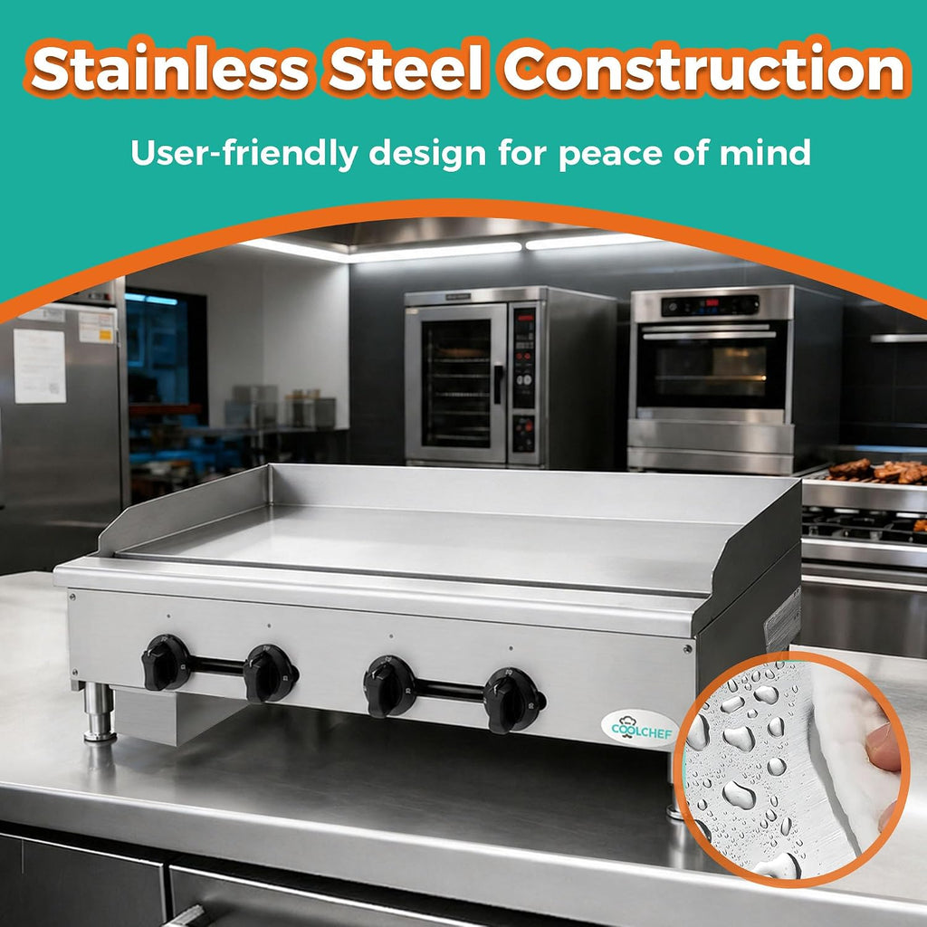 48' Commercial Natural Gas Griddle, Manual Controls, 4 Burners, Heavy Duty Stainless Steel Flat Top Countertop Restaurant Griddle Grill for Restaurant, 120,000 BTU
