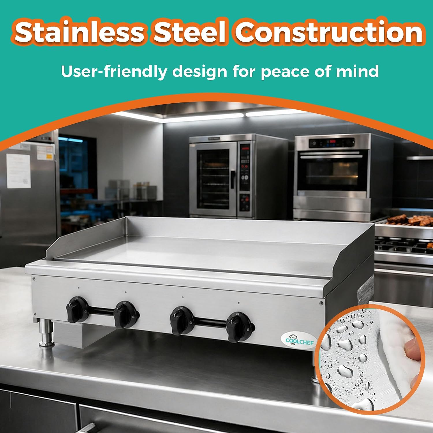 48' Commercial Natural Gas Griddle, Manual Controls, 4 Burners, Heavy Duty Stainless Steel Flat Top Countertop Restaurant Griddle Grill for Restaurant, 120,000 BTU