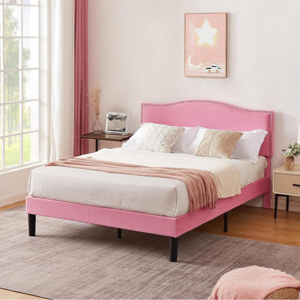 VECELO Queen Bed Frame, Platform Bed Frame with Adjustable Height Upholstered Headboard, Heavy-Duty Frames and Strong Wooden Slats Support, Non-Slip and Noise-Free, Easy Assembly, Pink
