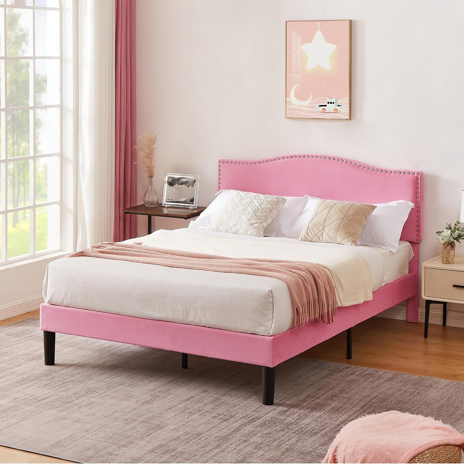 VECELO Queen Bed Frame, Platform Bed Frame with Adjustable Height Upholstered Headboard, Heavy-Duty Frames and Strong Wooden Slats Support, Non-Slip and Noise-Free, Easy Assembly, Pink