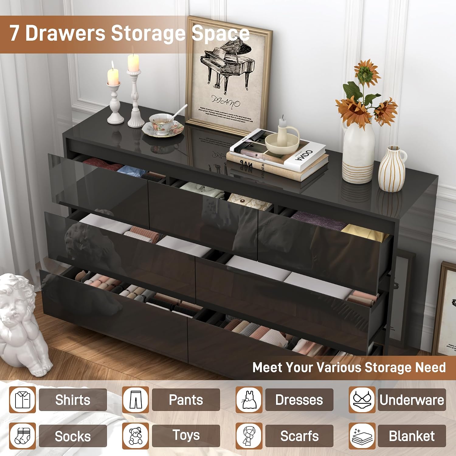 jiteentarou Black Malm Dresser for Bedroom, 55 Inch Long High Gloss Dresser with 7 Drawers, Modern Large Wood Chest of Drawer Handle Free, Living Room, Entryway, Hallway, Black