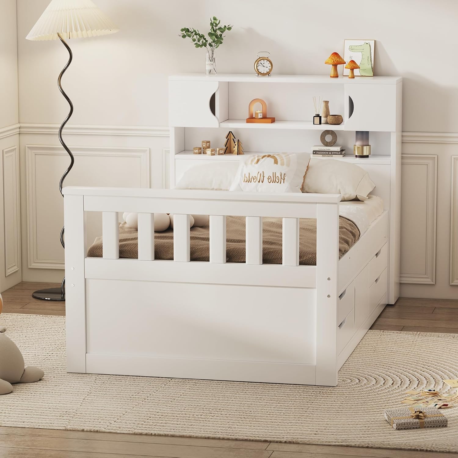 SOFTSEA Twin Size Captains Bed Frame with Storage Drawers, Wood Platform Bed with Bookcase Headboard, Storage Shelves and Doors for Kids Teens, No Box Spring Needed, White
