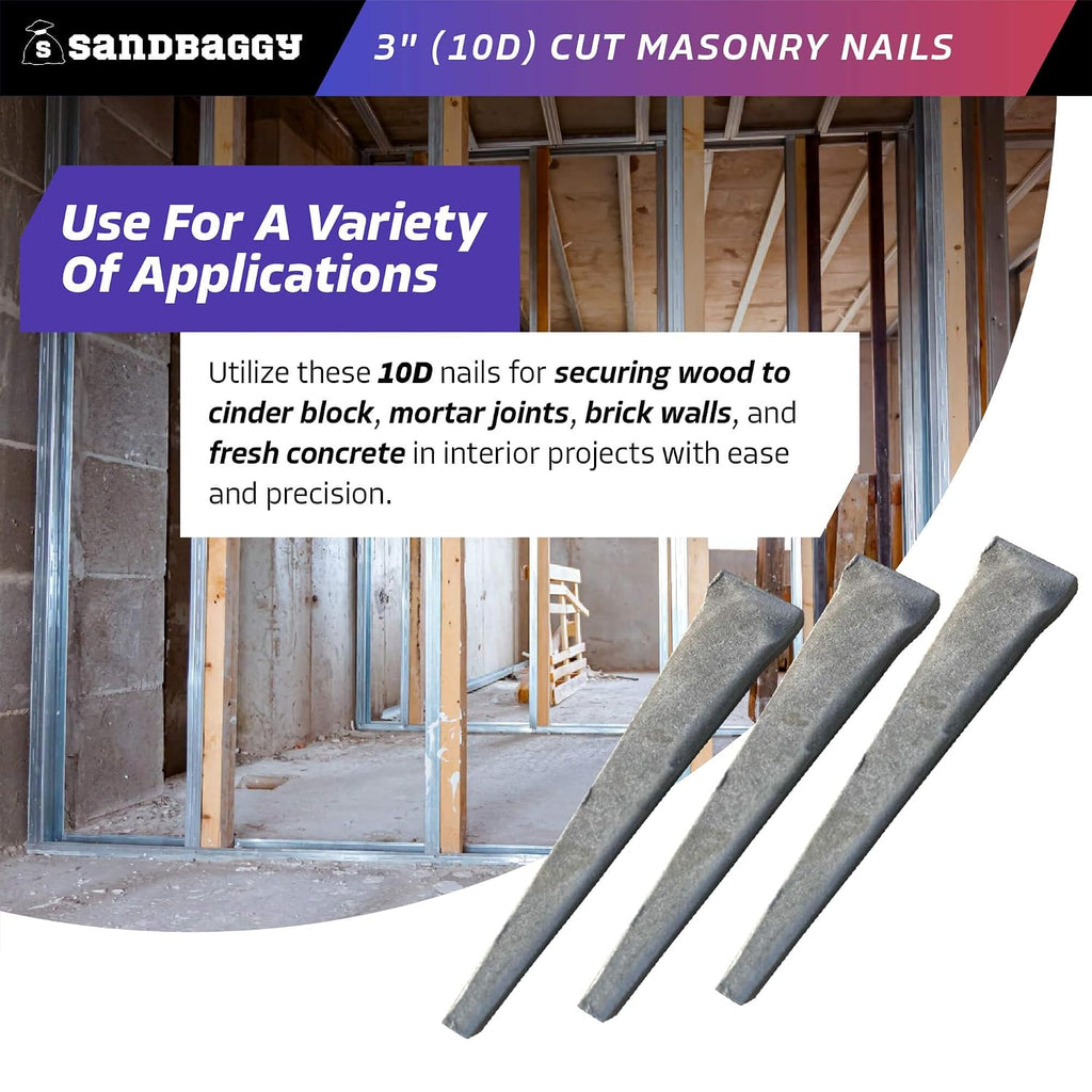 Sandbaggy 3 inch (10D) Square Cut Masonry Nails for Concrete, Brick, Mortar - 1/2' Wide Flat Heads - Construction, Cement, Brick Walls (1500)