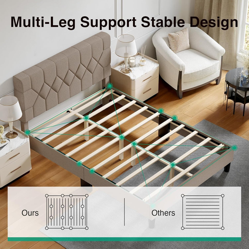 Novilla Queen Bed Frame with Headboard, Bed Frame Queen Size with Wood Slats Support, Linen Upholstered Pull-Point Headboard, No Box Spring Needed, Heavy Duty Feet, Easy Assembly, Beige