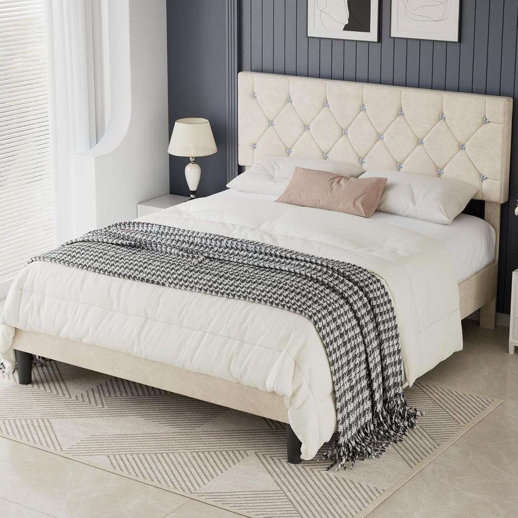 VECELO Full Size Bed Frame with Diamond Tufted Headboard, Upholstered Platform Bedframe with Wood Slat Support, No Box Spring Needed, Pala Beige