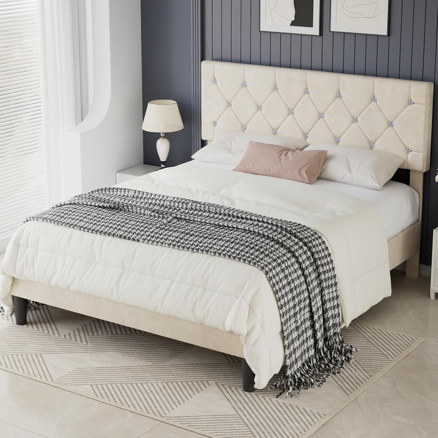 VECELO Full Size Bed Frame with Diamond Tufted Headboard, Upholstered Platform Bedframe with Wood Slat Support, No Box Spring Needed, Pala Beige