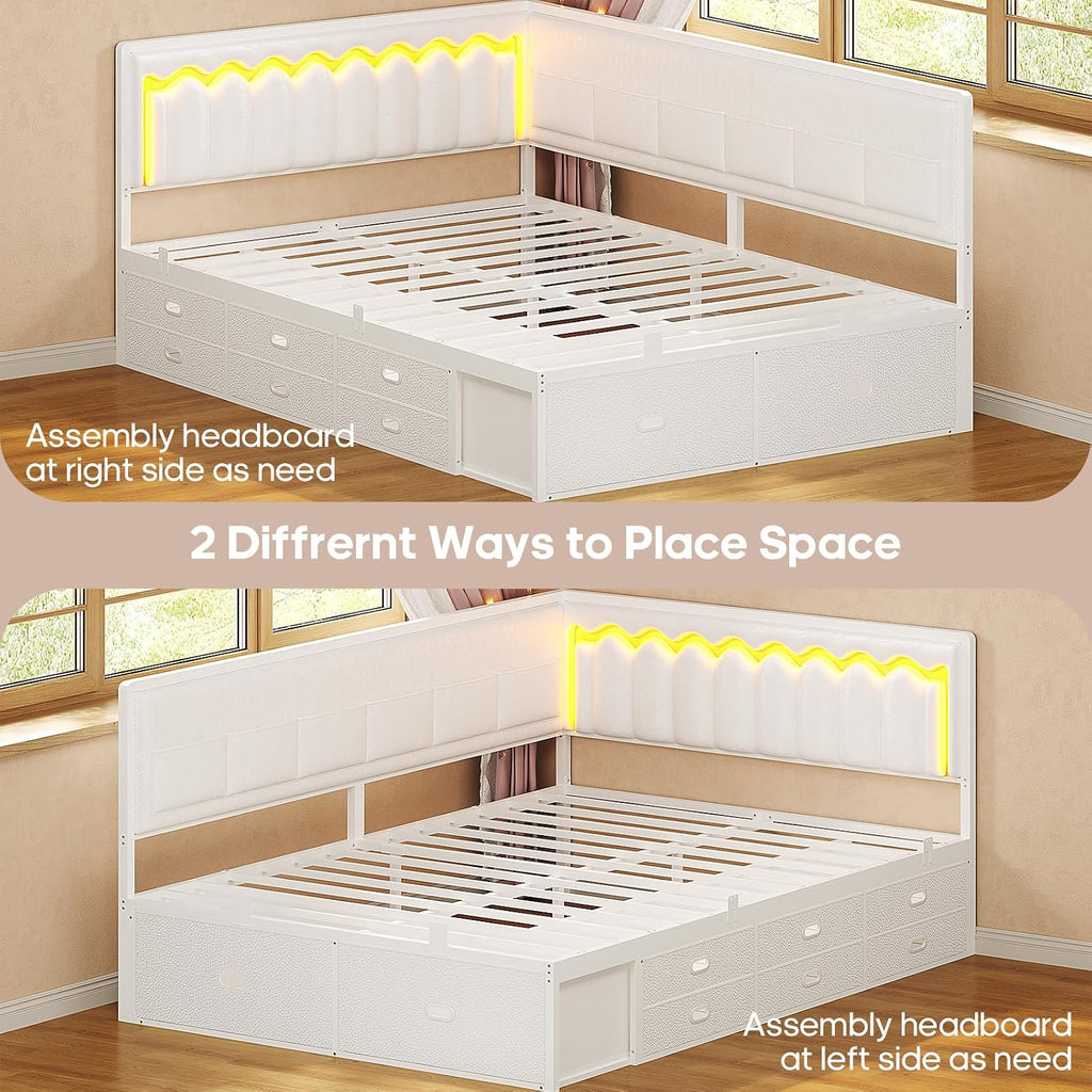 ADORNEVE Full Corner Bed Frame with 8 Drawers, 6 Storage Pockets, Full Daybed with Storage and RGB Wave Lights, Platform Bed with L-Shaped Upholstered Guardrail for Kids Teen,White