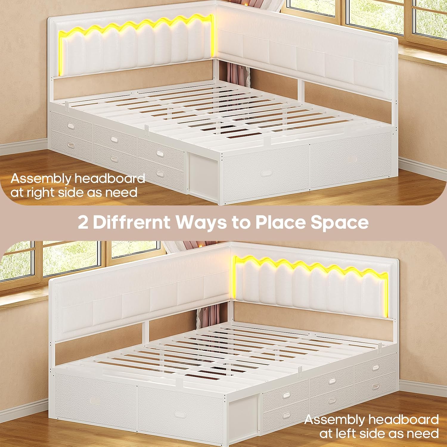 ADORNEVE Full Corner Bed Frame with 8 Drawers, 6 Storage Pockets, Full Daybed with Storage and RGB Wave Lights, Platform Bed with L-Shaped Upholstered Guardrail for Kids Teen,White