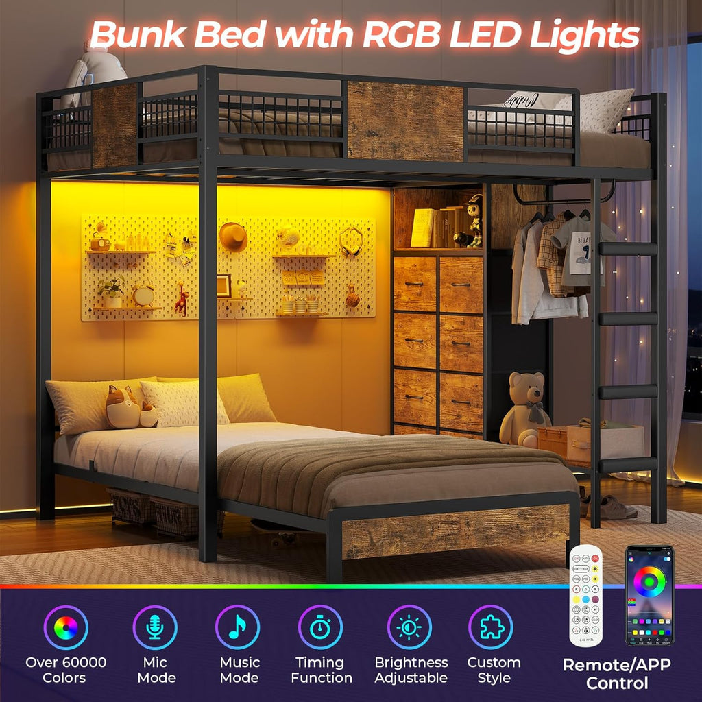ADORNEVE Bunk Bed Twin Over Twin Size with 8 Storage Drawers, Twin Bunk Beds with Led Lights & Storage Shelves, Metal Loft Bed with 13.4' H Safety Guardrail & Ladder, for Kids & Teens, Black