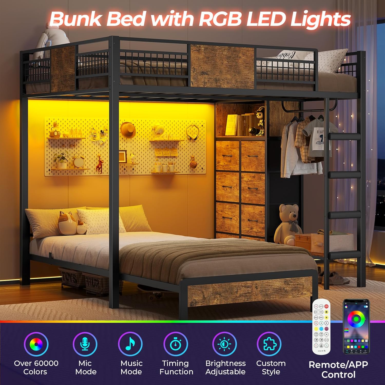 ADORNEVE Bunk Bed Twin Over Twin Size with 8 Storage Drawers, Twin Bunk Beds with Led Lights & Storage Shelves, Metal Loft Bed with 13.4' H Safety Guardrail & Ladder, for Kids & Teens, Black