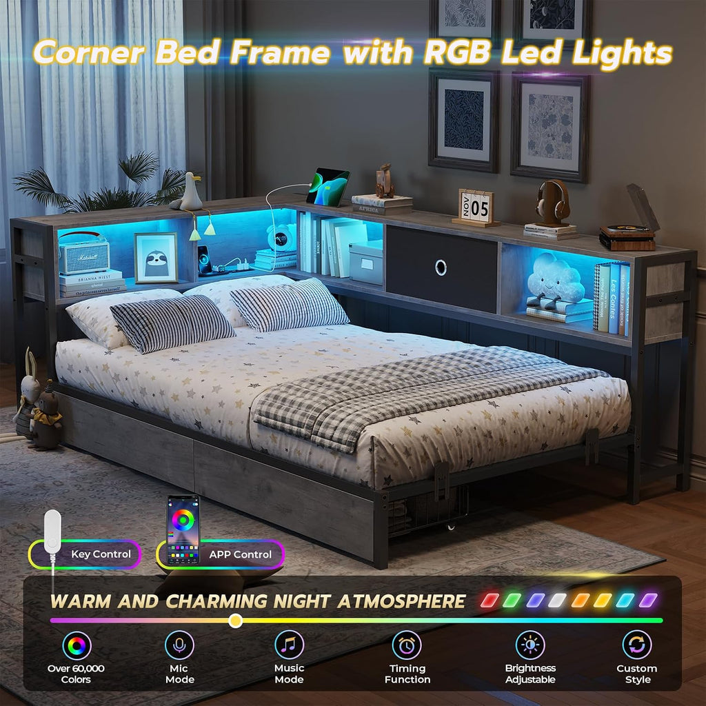 DICTAC Twin Corner Bed Frame with Bookcase Storage Headboard and 2 Drawers Twin Size Metal Platform Bed Frame with Led Lights and Charging Station,Twin Size Daybed for Kids and Teen,Oak Gray