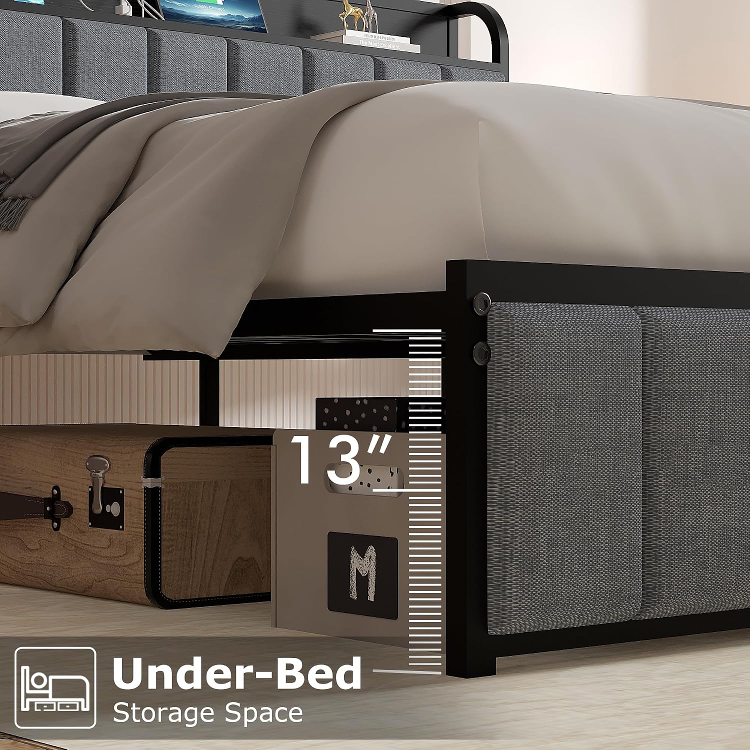 VECELO Full Bed Frame, Storage Upholstered Headboard with Charging Station, Platform Bedframe, Heavy Duty Metal Slats, No Box Spring Needed, Noise-Free, Easy Assembly, Dark Grey