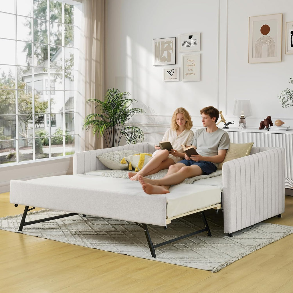 Twin to King Daybed with Trundle, USB Ports Soft Upholstered Daybed with Pop Up Trundle Bed Twin , Modern Extendable Day Bed Frame for Kids Bedroom Living Room Guest Room Small Places Linen White
