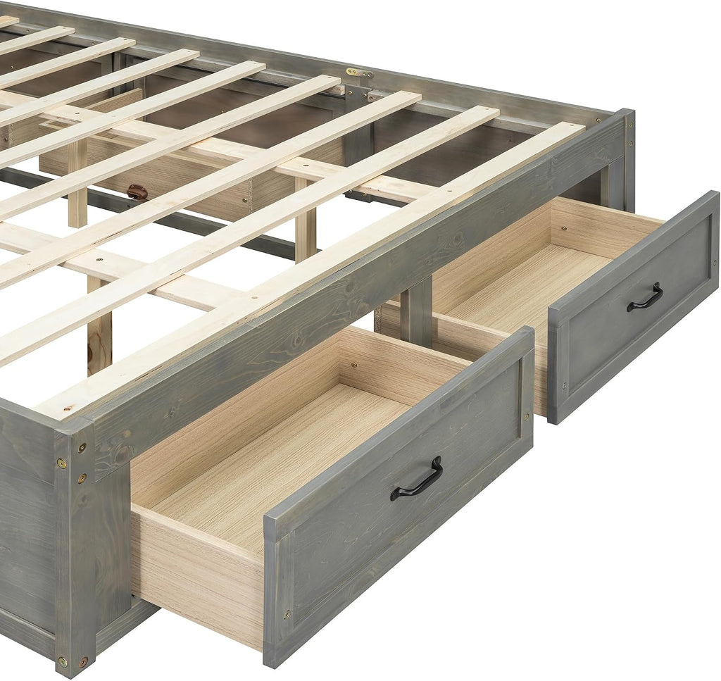 SOFTSEA Queen Size Bed Frame with 6 Storage Drawers, Wood Platform Bed Frame No Headboard with Support Slats, Farmhosue Platform Bed with Drawers, No Box Spring Needed, Easy Assembly, Antique Gray