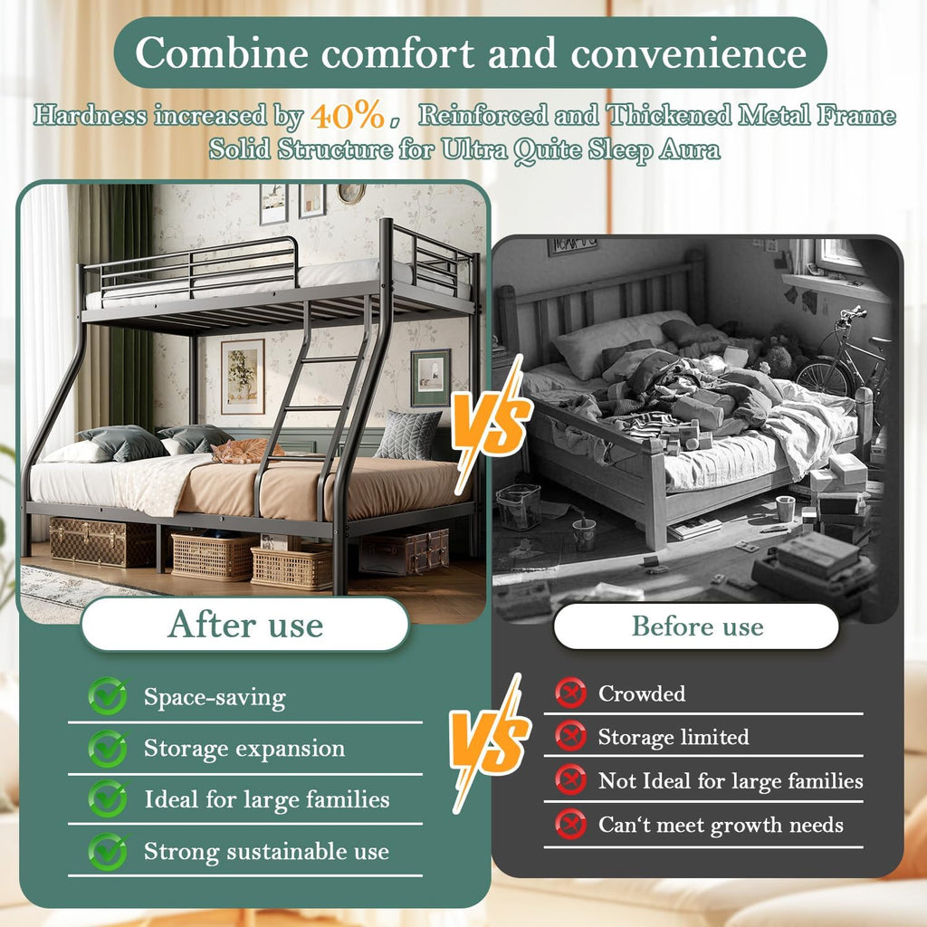 Bunk Beds Twin Over Full Size, Heavy Duty Bunk Beds with Bottom Space & Guardrail Metal Bunk Bed Frame for Adults Dorm Bedroom Guest Room, No Box Spring Needed（Upgrate Black）