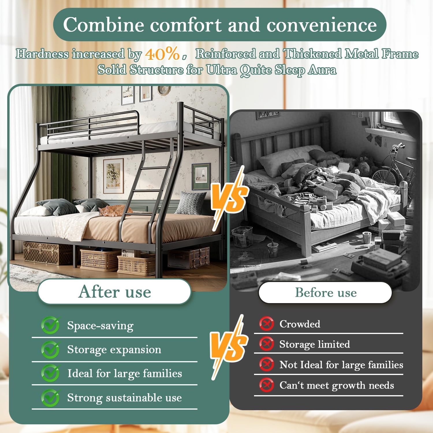 Bunk Beds Twin Over Full Size, Heavy Duty Bunk Beds with Bottom Space & Guardrail Metal Bunk Bed Frame for Adults Dorm Bedroom Guest Room, No Box Spring Needed（Upgrate Black）