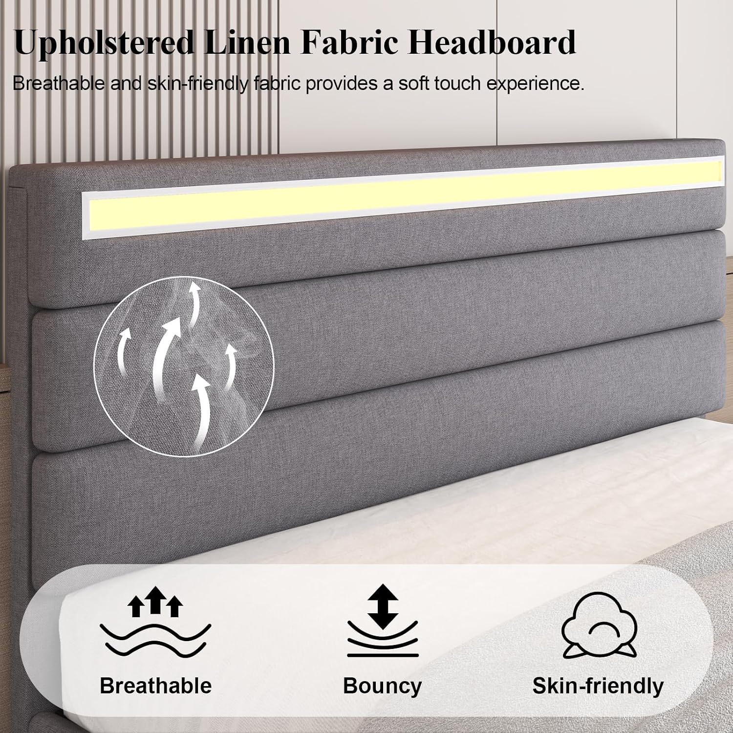 E-Motie Queen Size Bed Frame with Ottoman Storage, Upholstered Platform Bed with Headboard, LED Light & Charging Station, Solid Wooden Slats Support, No Box Spring Needed, Easy Assembly, Grey