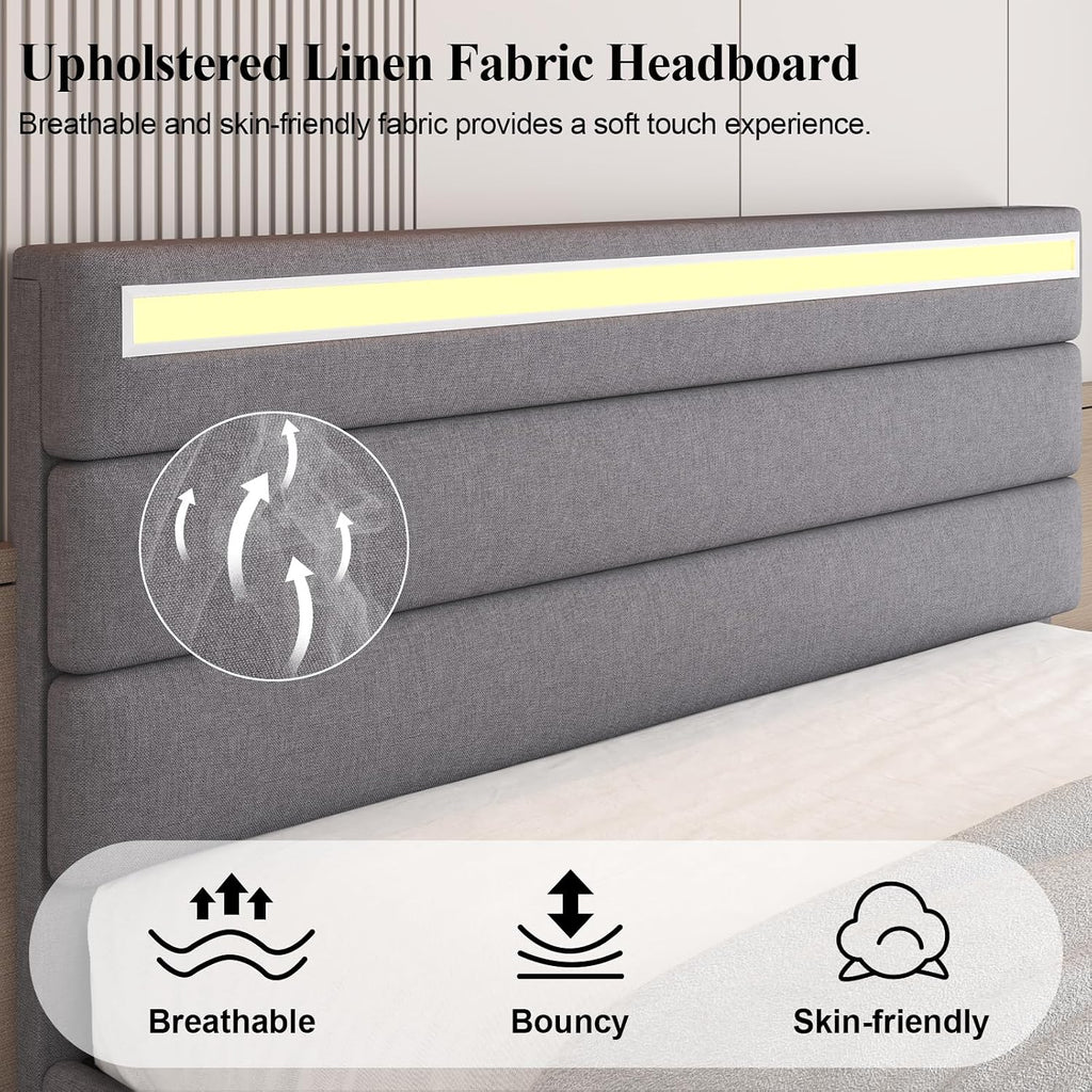 E-Motie Full Size Bed Frame with Ottoman Storage, Upholstered Platform Bed with Headboard, LED Light & Charging Station, Solid Wooden Slats Support, No Box Spring Needed, Easy Assembly, Grey