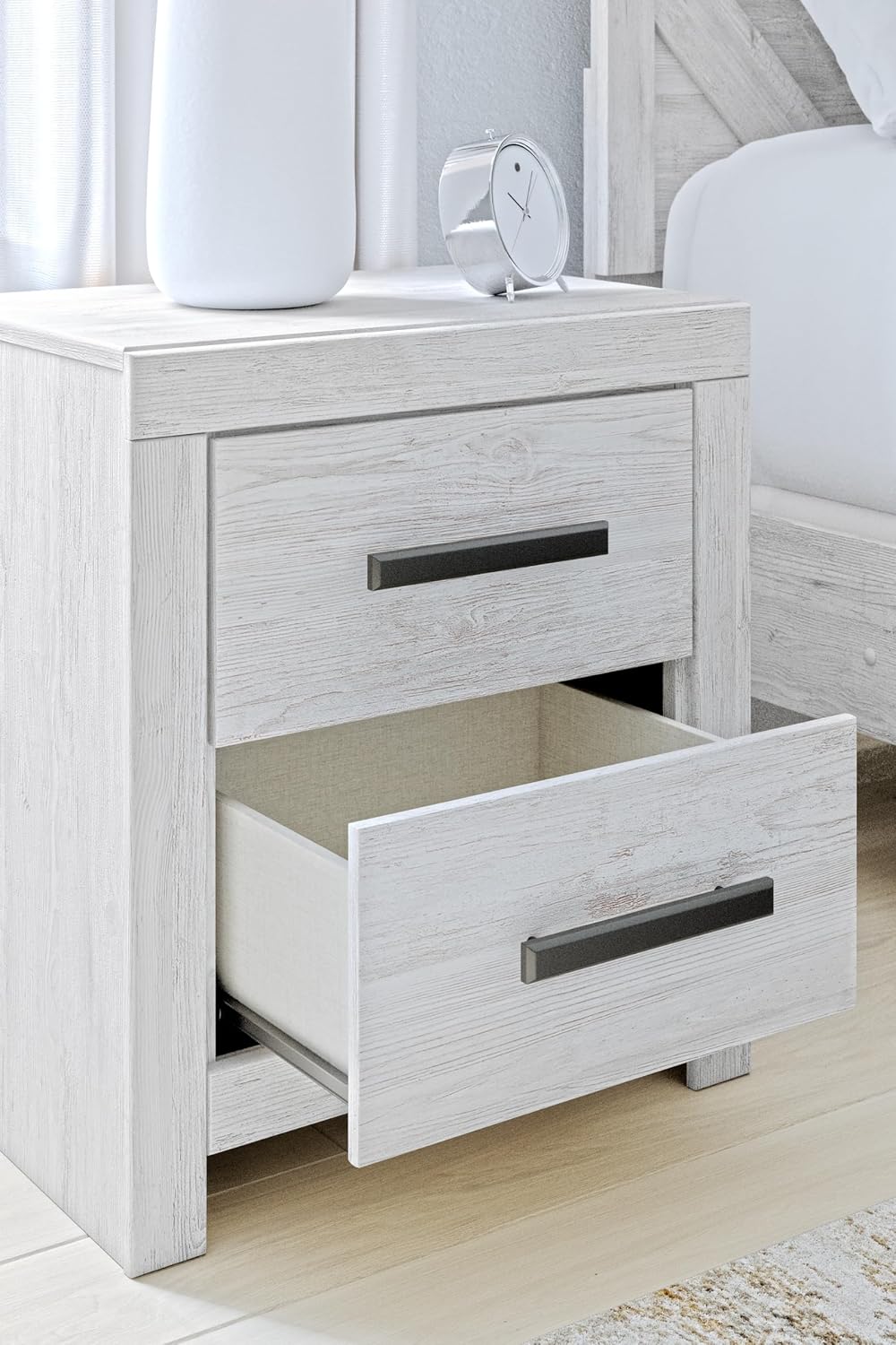 Signature Design by Ashley Cayboni Casual Nightstand with Framed Front and Pilasters, 2 Storage Drawers, Large Black Handles, Wood, 24.37' High, White