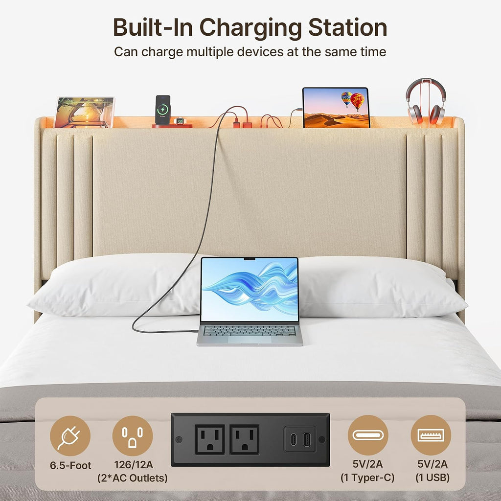 Gizoon Queen Bed Frame with Charging Station and LED Lights,Upholstered Wingback Platform Bed with Wooden Slats,Noise-Free,No Box Spring Needed