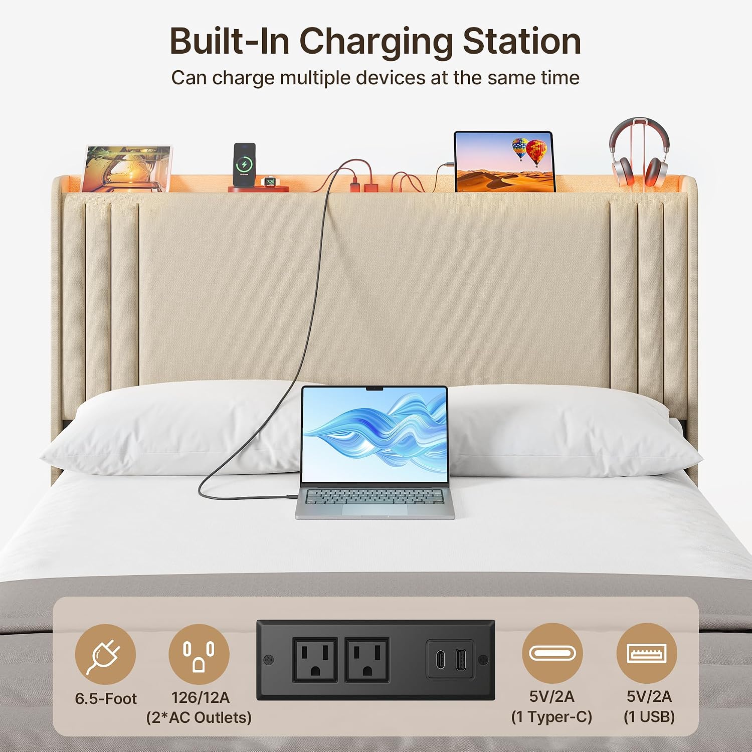 Gizoon Queen Bed Frame with Charging Station and LED Lights,Upholstered Wingback Platform Bed with Wooden Slats,Noise-Free,No Box Spring Needed